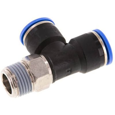 14mm x R1/2'' rechte hoek T-stuk Messing/PA 66 Insteekfitting Buitendraad Draaibaar NBR