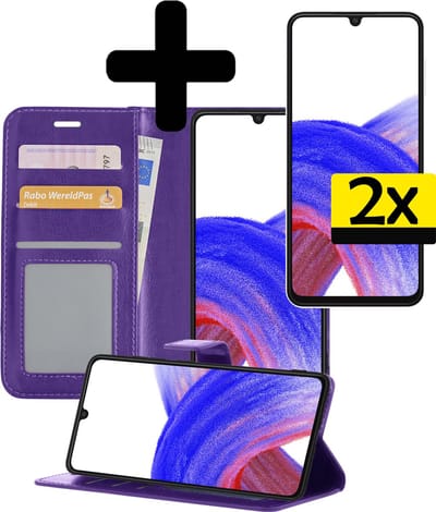 Hoesje - Met 2x Screenprotector - Geschikt voor Samsung Galaxy A33 - Luxe Pasjeshouder - Bookcase Portemonee - Flip Case - Kunstleer Book Case - Flipcase Hoes - Book Cover - Walletcase - Portemonneehoes - Telefoonhoesjes - Paars