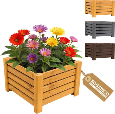 BOGATECO Houten Plantenbak - Inclusief Agro-Textiel - Weerbestendig & Geïmpregneerd - Bloembak voor Tuin & Balkon - Diverse Maten & Kleuren| 38x38x25cm | Lichtbruin