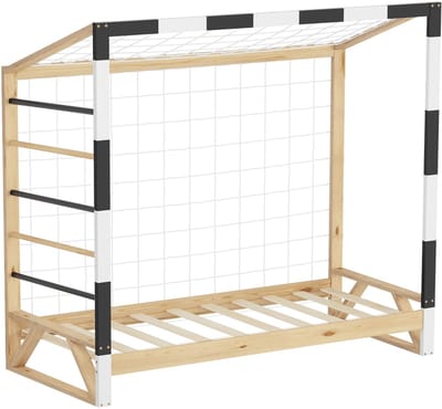 ML-Design | Kinderbed in de vorm van een voetbaldoel, 80 x 160 cm, van massief grenenhout; houten bed met lattenbodem en doelnet; handbaldoel