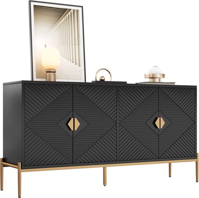 Sideboard - 162x40x80 cm zwart/goud - geometrisch patroon & metalen poten - 4 deuren