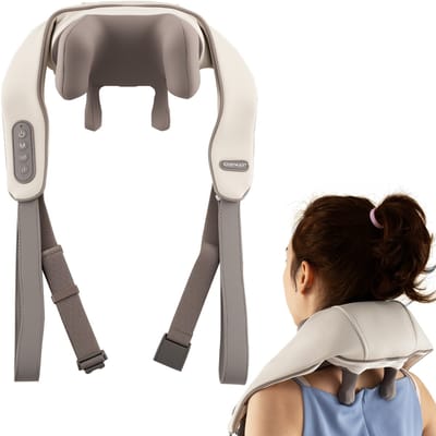 COSTWAY Nekmassageapparaat en schoudermassageapparaat, 4D Shiatsu rugmassageapparaat met diepteweefselkneden en 2 warmtestanden, draadloos massagekussen voor nek, rug en benen (beige)