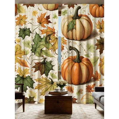 2 stuks HD Oogstfestival pompoen groen Esdoornblad decoratief gordijn Gele strik digitaal bedrukt gordijn Huisdecoratie stijl W52H63inchW132H160cm beige