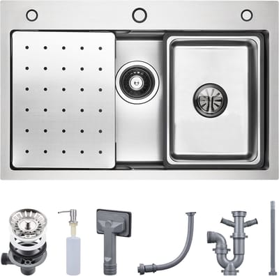 CECIPA max Spoelbakken met Kraangat 70x45 cm - Spoelbak Keuken - Multifunctionele Spoelbak - Incl. Sifon en Afvoerzeefje - Gootsteen Voor Roestvrij staal