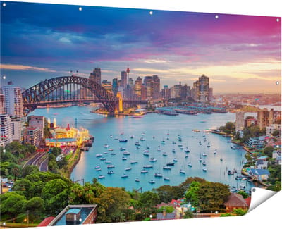 Gards Tuinposter Sydney Harbour Bridge in de Avond - 180x120 cm - Tuindoek - Tuindecoratie - Wanddecoratie buiten - Tuinschilderij