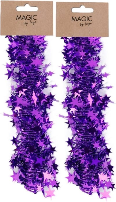 Inge Christmas Goods Spiraal kerstslingers - 2x - paars -folie - 750 cm- sterren -kerstboomslingers