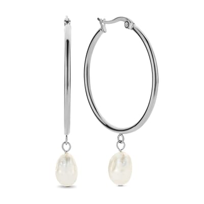 CO88 Collection Oorbellen Dames - Oorringen Met Hanger - Parel Oorbellen - 9x7 mm - Ø35 mm - Staal - Zilverkleurig - 8CE-70427