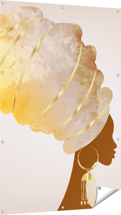 Gards Tuinposter Afrikaanse Vrouw met Gouden Tulband - 100x150 cm - Tuindoek - Tuindecoratie - Wanddecoratie buiten - Tuinschilderij