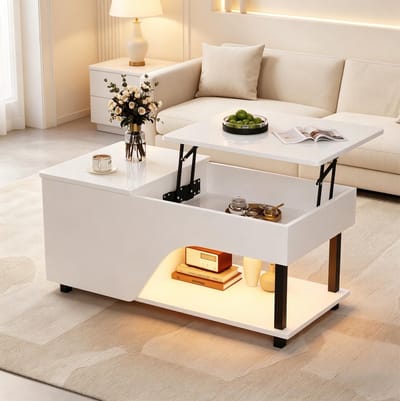 MIVRAY Salontafel - In Hoogte Verstelbaar Met Verborgen Opbergruimte En LED - Voor Woonkamer - Spaanplaat En Metaal - 50x100x46 Cm - Wit