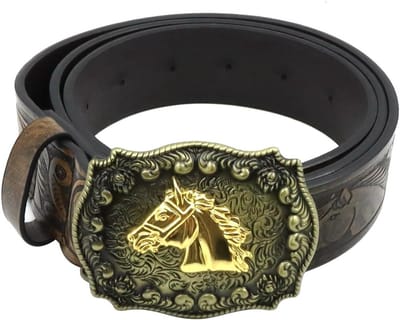 Leren Cowboyriem voor Mannen en Vrouwen met Gegraveerd Motief en Verstelbare Gesp