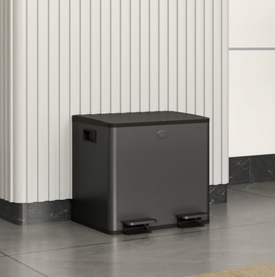 MEUNIQ dubbele pedaalemmer 2 x 15 L afvalscheidingsprullenbak met soft-close deksels, uitneembare emmers, vingerafdrukbestendige roestvrijstalen behuizing, zwart