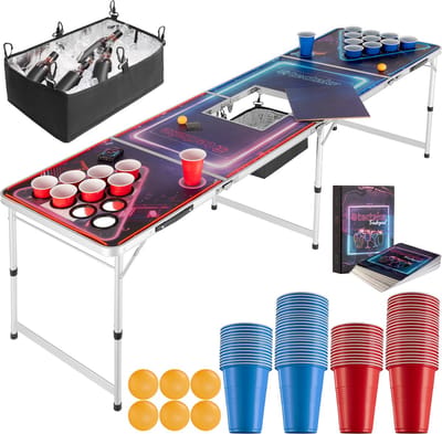 tectake® Beerpong Tafel met Bekerhouders - IJskoeler en Feestdecoratie - LED-verlichting - Bierpong Tafel in Hoogte Verstelbaar en Inklapbaar - Drankspel met Accessoires - 100x Plastic Bekers, 6x pingpongballen, Kaartspel met Kaarten