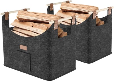 XXL opvouwbare houtmanden, set van 2, vilten houtzak, grote houtmand met houten handvat, stevige houtmand voor het vervoeren en bewaren van brandhout, kranten en kleding (donkergrijs) NAIZY