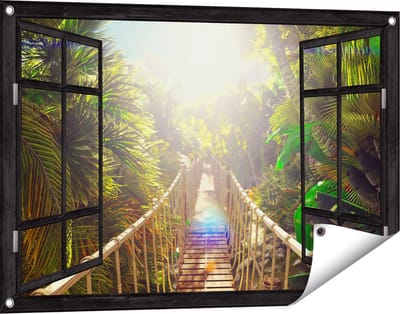 Gards Tuinposter Doorkijk Houten Brug in de Tropische Jungle - 90x60 cm - Tuindoek - Tuindecoratie - Wanddecoratie buiten - Tuinschilderij