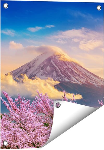 Gards Tuinposter Fuji Berg met Roze Bloesembomen - Bloemen - 40x50 cm - Tuindoek - Tuindecoratie - Wanddecoratie buiten - Tuinschilderij