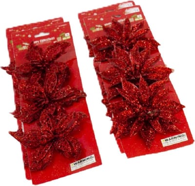 Gerimport Kerstboom bloemen op clip - 12x stuks - rood - kunststof - kerstornamenten