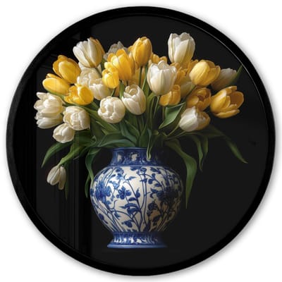 Poster in lijst Rond - Fotolijst 40x40 cm - Posters - Geel - Tulpen - Vaas - Bloemen - Ronde posterlijst zwart - Decoratie - Wanddecoratie woonkamer - Muurdecoratie slaapkamer
