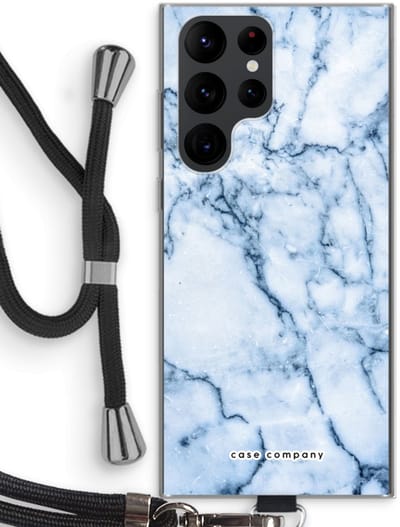 Case Company® - Hoesje met koord geschikt voor Samsung Galaxy S22 Ultra hoesje met Koord - Blauw marmer - Telefoonhoesje met Zwart Koord - Bescherming aan alle Kanten en Over de Schermrand