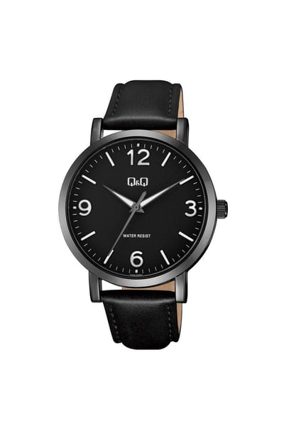 Q&Q Q10A-008PY - Horloge - Analoog - Heren - Mannen - Leren band - Rond - Metaal - Zwart