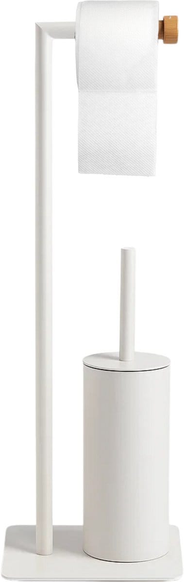 Lomera Toiletbutler - Toiletrolhouder en Toiletborstelhouder - Vrijstaande Toiletstandaard - Moderne Afwerking - Metaal en Hout - Zonder Boren - Toiletaccessoires Set - Inclusief Toiletborstel - Badkamer of Toilet - 2 in 1