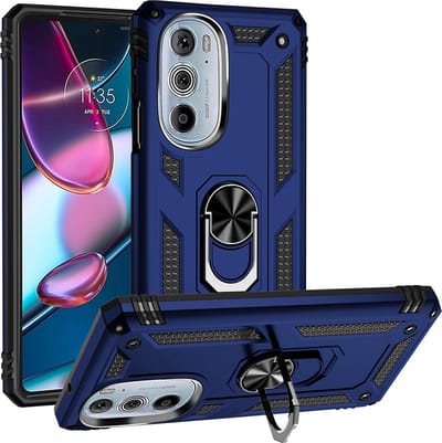 MobyDefend Hoesje - Geschikt voor Motorola Edge 30 Pro - Pantsercase Met Draaibare Ring - Blauw