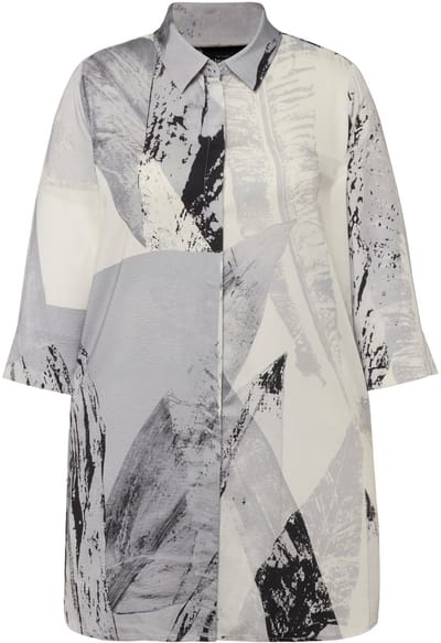 Ulla Popken - Dames - Longblouse veren overhemdkraag 3/4-mouwen - Zwart - Maat 46+