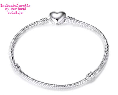 Estacks | Verzilverde Bedelarmband | GRATIS 925 BEDEL | 18 cm | Hart | Moederdag / Valentijn Cadeau Tip |