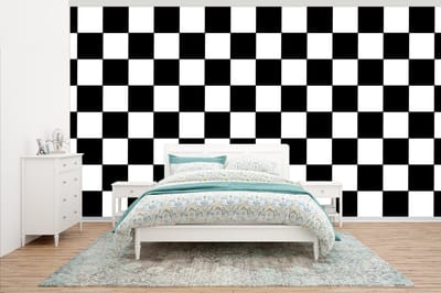 Behang - Fotobehang Schaakbord - Patronen - Zwart Wit - Breedte 500 cm x hoogte 280 cm