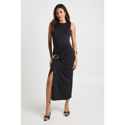 boohoo Dames Zwangerschapsjurk met geplooide wikkel, gouden details en midaxi-lengte | Black | Maat: 6