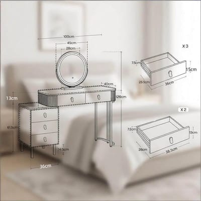 OKWISH Kaptafel – Met Dimbare Led Spiegel – 100x40x125 cm – 5 Laden – Verstelbare Zijkast – Hoogglans Zwart Wit