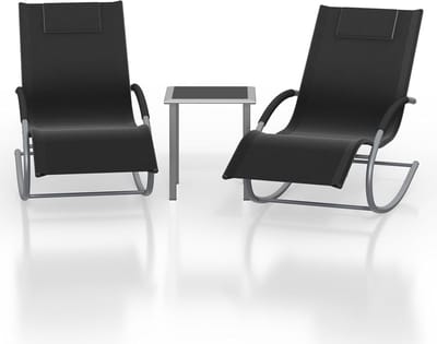 3-Delige Loungeset Tuin - Set van 2 Ligstoelen met Schommelfunctie & Bijzettafel - Verstelbaar - Textileen - Zwart