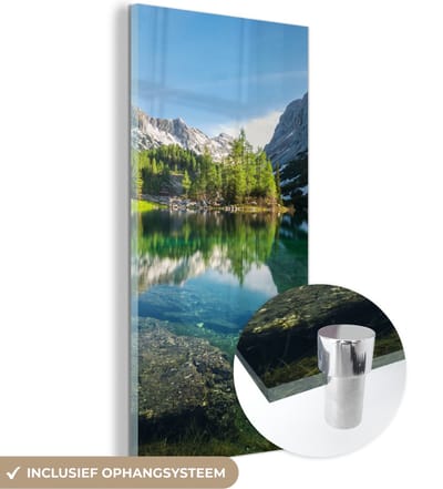 MuchoWow® Glasschilderij 20x40 cm - Schilderij acrylglas - Water - Bergen - Rotsen - Foto op glas - Schilderijen