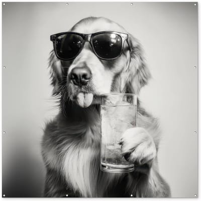 Tuinposter 200x200 cm - Tuindecoratie Golden retriever - Hond - Zonnebril - Gkas - Poster voor in de tuin - Buiten decoratie - Schutting tuinschilderij - Tuindoek muurdecoratie - Wanddecoratie balkondoek