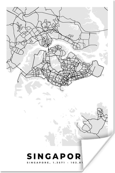 Poster Singapore - Plattegrond - Stadskaart - Zwart Wit - Kaart - 120x180 cm XXL