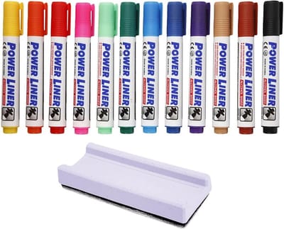 Whiteboard stiften 12x gekleurd - en een whiteboard wisser - complete set - kantoor/thuis - Power Liners met punt van 4 mm