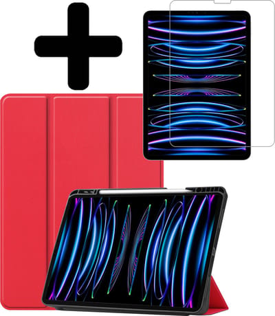 Hoes - Geschikt voor Apple iPad Pro (2022) - 11 inch - 4e generatie - Met Screenprotector - Trifold Bookcase - Hard Cover Case - Met Uitsparing Geschikt voor Apple Pencil - Hardcover Book - Tablet Hoesje - Rood