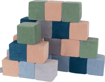 KiddyMoon foam kubussen voor baby van velours zachte blokken foam speelgoed montessori speelgoed met foam en veel plezier voor kinderen, made in the eu, 24 stuks, blokken:laguneturquoise-forestgreen