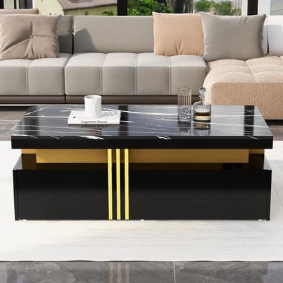 Moderne Rechteckige Salontafel - 100x50x40 cm - Hoogglans Tafelblad - 2 Houten Lades - Marmer Effect
