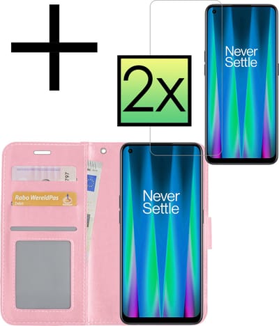 Hoesje - Met 2x Screenprotector - Geschikt voor OnePlus Nord CE 2 - Luxe Pasjeshouder - Bookcase Portemonee - Flip Case - Kunstleer Book Case - Flipcase Hoes - Book Cover - Walletcase - Portemonneehoes - Lichtroze