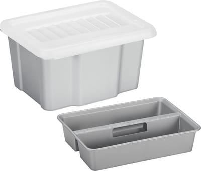 Sunware 2x opslagbox kunststof 24 liter lichtgrijs 42 x 33 x 22 cm met deksel en organiser tray