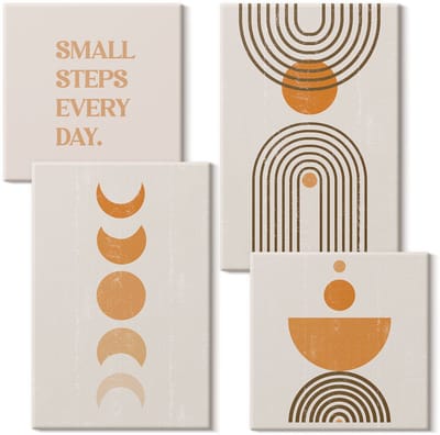 Wallfluent Set van canvas schilderijen - Minimalistische boho abstracte patronen en letters Canvas Schilderijen Set - Set van 4 Canvas Schilderijen - Oranje Set van Canvas Prints - Abstractie Canvas Kunst Set - Boheemse Canvas Kunst Set