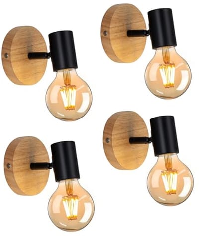 Haobosic Wandlamp Set van 4 - IJzer & Hout Design - 11cm - E27 Fitting - Zonder Lichtbron - Zwart + Natuurhout - Modern - Voor Woonkamer Slaapkamer