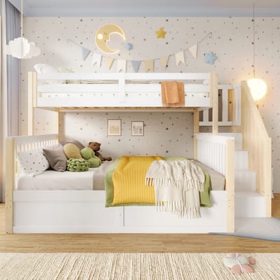 COVREO Stapelbed met opbergladder – 253x146,5x150 cm – Kinderbed van hout – opbergruimte en veiligheidshek – Wit naturel - zonder matras