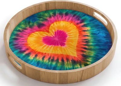 Dienblad rond 40x40 cm - Schootdienblad hout - Hart - Tie Dye - Kleurrijk - Borrelplank rechthoek - Plateau houten dienbladen
