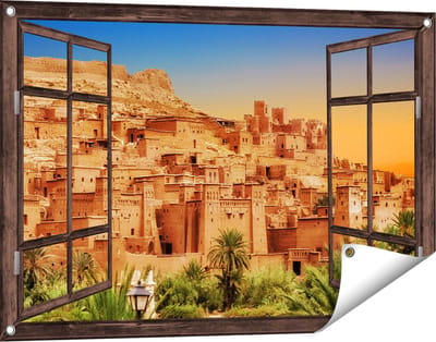 Gards Tuinposter Doorkijk Kasbah Ait Ben Haddou Stad in Marokko - 90x60 cm - Tuindoek - Tuindecoratie - Wanddecoratie buiten - Tuinschilderij