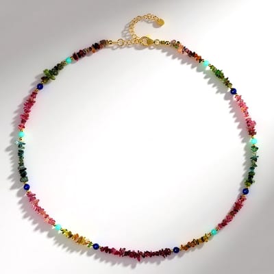 Cavill - Vergulde Zilveren Halsketting 45 cm - 925 Sterling Zilver - Toermalijn 36 85 ct en Lapis Lazuli Amazoniet 44 1 ct
