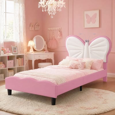 KINDERBED 90x200cm Vlinder hoofdbord roze-wit met leeslamp, verstelbare hoofdhoogte en lattenbodem