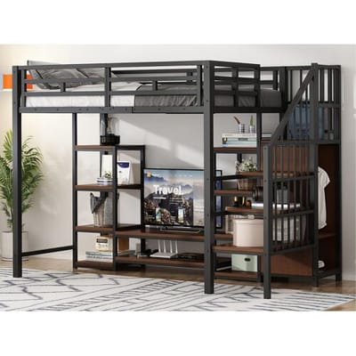 ModernLuxe Hoge bed 90x200 cm - met stopcontact - veiligheidsladder - met opbergvak - Zwart (matras niet inbegrepen)