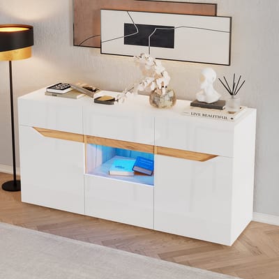 BLACKCOLORS Salonbuffet 140*40*70 cm, buffetten met 4 laden, kast met twee compartimenten, brede ladekast zonder handgrepen, multifunctioneel, bijzetmeubel voor glanzende bank met ledverlichting, wit + houtkleur