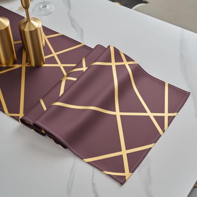 Tafelloper, goudkleurig, stof, 33 x 100 cm, bordeauxrood, tafeldecoratie, polyester, fluweel, lijnen, geometrie, modern, elegant, wasbaar, decoratief tafelkleed voor keuken, bruiloften, feesten